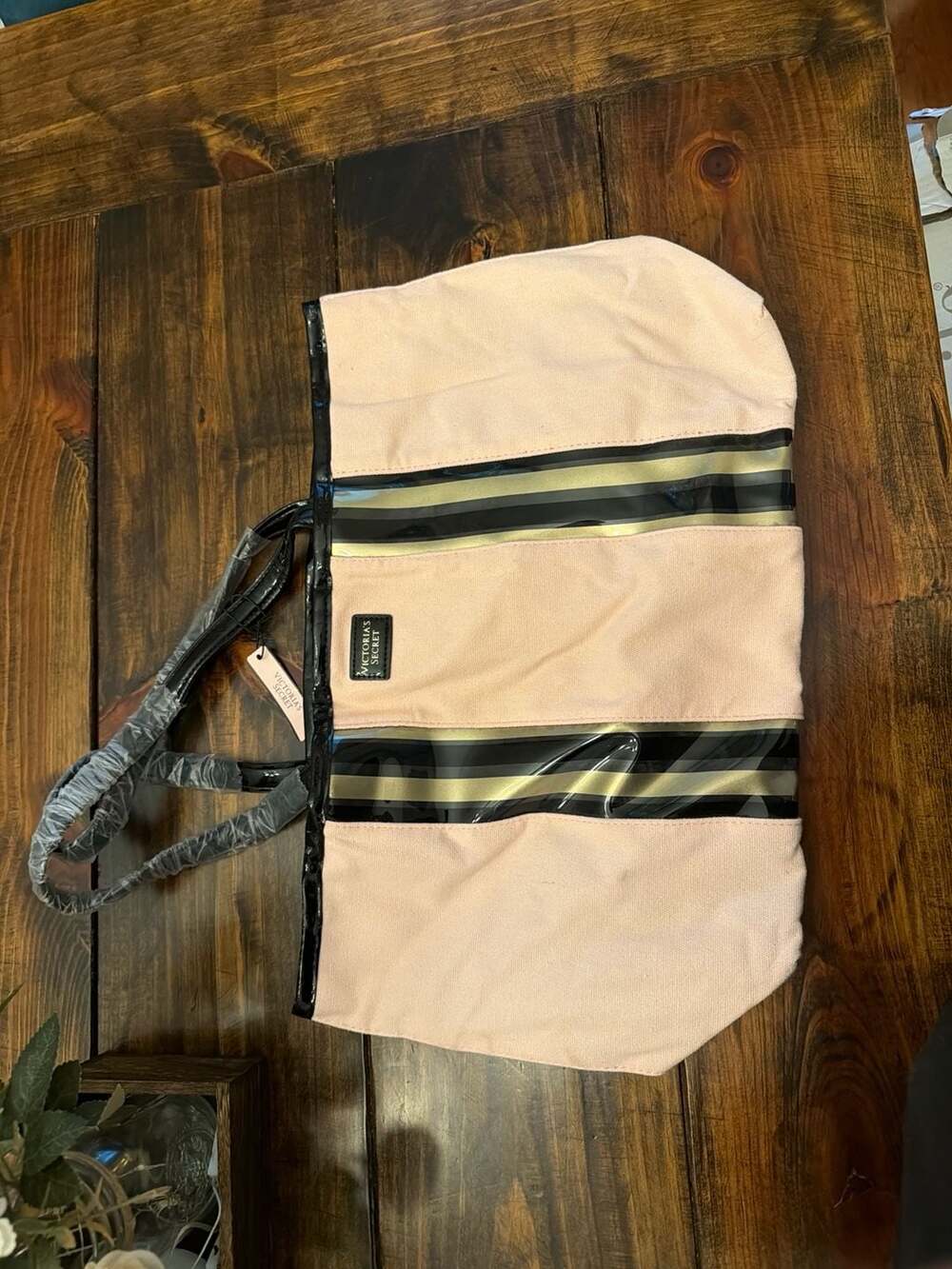 Victoria's Secret Signature Pink Canvas Tote Bag with Black and Gold Stripes